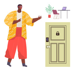 Poster - Individual pointing at locked door with digital keycard access, workspace setup including desk, chair, laptop, potted plant nearby. Ideal for security, remote work, modern access, technology