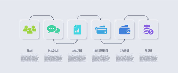 Poster - Neumorphism white infographic design template with 6 steps or options. Business and marketing infographic mockup with icons