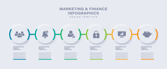 Poster - Process flow chart with six connected white circles arranged in a horizontal row. Modern infographic design template in neumorphism style