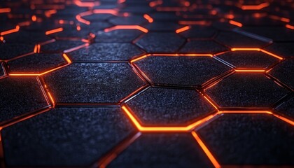 Poster - Futuristic High-Tech Dark Cell Surface with Vibrant Red Neon Edges in a Honeycomb Pattern Design
