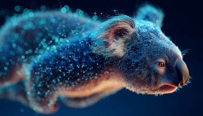 Poster - Futuristic Cybernetic Koala Floating Gracefully in a Vibrant Blue Digital Landscape Design