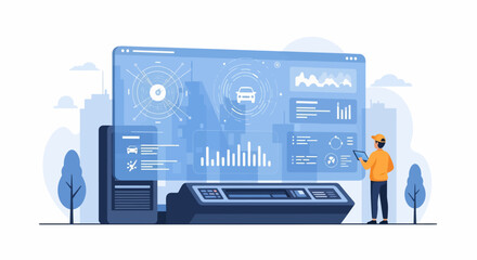 Man interacting with a futuristic car data interface on a large screen
