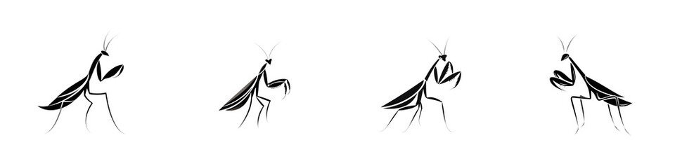 Mantis Silhouette Set: Praying Mantis Vector Illustration on White Background