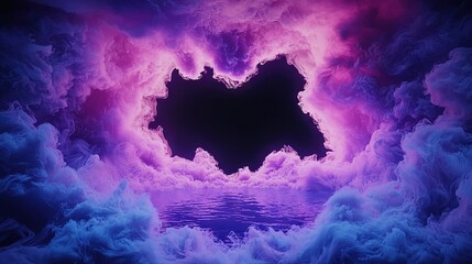Wall Mural -   A heart-shaped hole in a purple, blue cloud-filled sky with water in the foreground