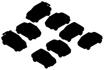 Poster - Black car silhouettes stand out sharply against a clean white background. The minimalist design highlights sleek vehicle outlines with strong contrast. Perfect for automotive themes, branding.