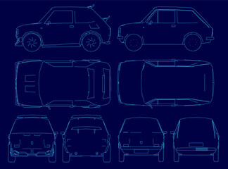 Poster - Blueprint of a car with clean contour lines on a blue background, showcasing detailed design elements and technical specifications. The precise engineering drawing highlights the vehicle's structure.