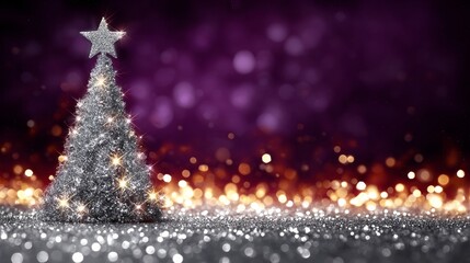 Poster - Sparkling Silver Christmas Tree with Star on Deep Purple Background, Celebrating the Festive Spirit