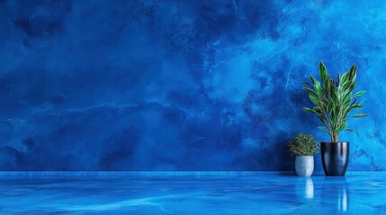 Wall Mural -   Blue wall with two potted plants on either side One sits on the counter above while the other rests on the floor