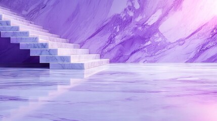 Wall Mural -   A purple and white marble wall, bright light from above, leading up stairs