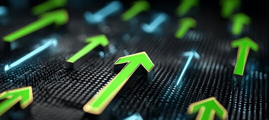 Poster - Abstract Technology Background with Vibrant Green Arrows Rising to Indicate Business Success Growth