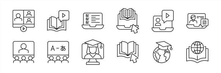 Poster - set of online education thin line icon. contain interactive online education, virtual learning, digital classroom, E-Courses, language lessons, global E-Learning symbol sign. vector illustration