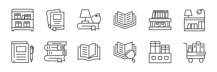 Poster - set of library thin line icon. contain essential library and learning resource, bookshelves, study tools, reading material and academic organization in digital design symbol sign. vector illustration