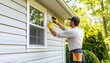 © rizqiono - A professional handyman in yellow gloves meticulously cleaning stubborn mold from the vinyl siding on an exterior house wall.