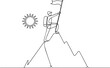 © alamingraphics27 - Continuous one line drawing of a mountain climber reaching the peak while holding a flag, with the sun in the background