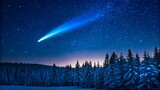 Bright blue comet streaking across snowy night sky above winter pine forest
