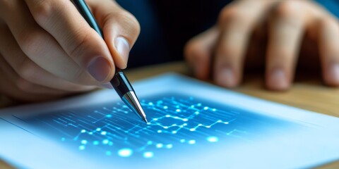Poster - Hands Holding a Pen Pointing at Technological Data for Modern Business Analysis and Strategy