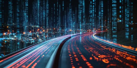 Poster - Futuristic Cybernetic Digital Information Flow on Modern Highways with Neon Traffic Elements