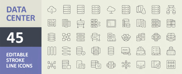A data center icon set collection with 45 line art icons arranged in a grid layout. 