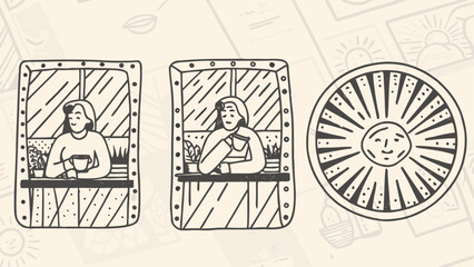 Drawn image showing two women at windows with plants and a sun with radiating lines