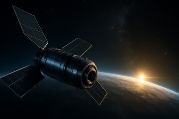 Wall Mural - Modern spacecraft satellite flying in low earth orbit as bright sunrise emerges from behind planet with solar panels and dark vacuum of outer space