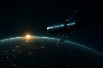 Wall Mural - Circular shaped satellite with shining lens in dark space gliding past earth horizon showing sunrise and digital communications through solar energy panels
