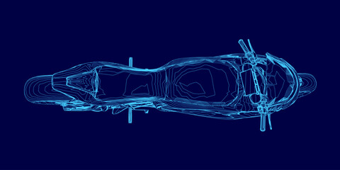 Poster - A detailed blueprint of a motorbike on a blue background highlights the sleek contour and mechanical design. The technical drawing showcases precise lines, engine components, and frame structure.