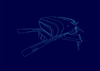 Poster - A sleek fighter spaceship blueprint with intricate contour details stands against a dark blue background, featuring sharp lines and futuristic elements.