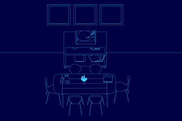 Poster - A blueprint-style contour drawing of a modern living room with a plush couch, decorative pillows, and a coffee table holding a flower vase and assorted decor items.