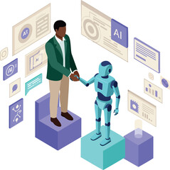 Poster - Human and robot shaking hands with artificial intelligence digital interface vector illustration 