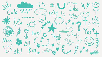 Poster - Collection of doodles and symbols, featuring arrows, squiggles, and hearts. Playful doodles, expressive symbols, and creative red lines in various shapes. Colorful doodle elements, vector set.