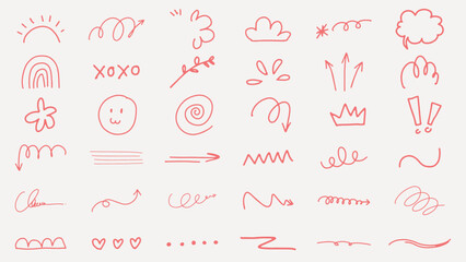 Poster - Collection of doodles and symbols, featuring arrows, squiggles, and hearts. Playful doodles, expressive symbols, and creative red lines in various shapes. Colorful doodle elements, vector set.