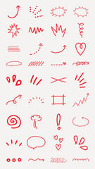 Poster - Collection of doodles and symbols, featuring arrows, squiggles, and hearts. Playful doodles, expressive symbols, and creative red lines in various shapes. Colorful doodle elements, vector set.