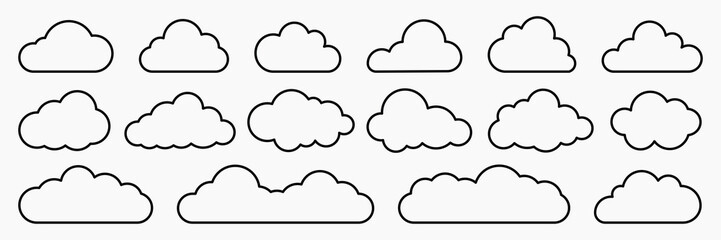 Poster - Simple cloud outlines in various shapes. Cloud designs in a repeating pattern. Minimalist cloud icons for weather themes. Black cloud outlines on white. Weather illustration, vector set.