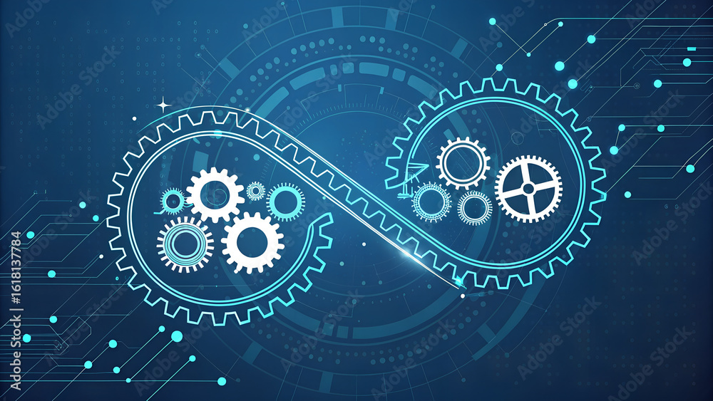 Digital infinity symbol made of gears represents continuous process and ...