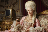 Woman in rococo era gown lounging on antique sofa while using smartphone in baroque palace interior with vintage television.