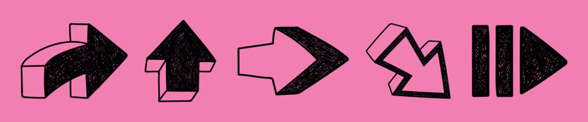 Wall Mural - black arrows on a pink background. various arrow designs: curved, straight, and angled. bold black a
