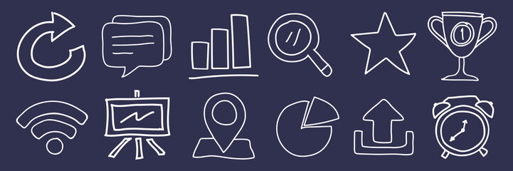 Poster - White chalk icons on a dark background. Includes arrows, chat bubbles, graphs, magnifying glass, star, trophy, Wi-Fi, chart, upload, alarm clock. Hand drawn business elements, vector set.