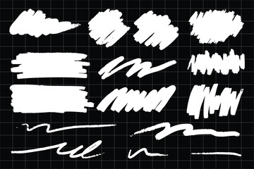 Poster - White brush strokes on a black grid background. Various brush strokes, abstract and artistic. Brush strokes in different shapes and sizes. Creative element set. Vectors.