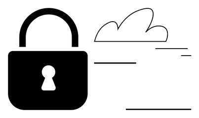 Poster - Black padlock symbolizing security alongside a cloud representation. Ideal for cyber protection, cloud storage, data encryption, secure access, online safety, privacy assurance, simple landing page