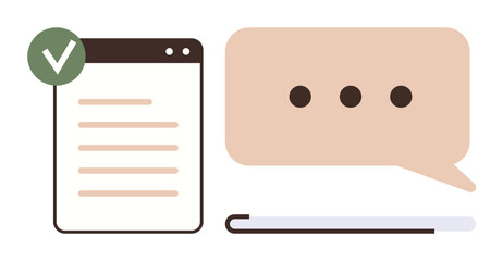 Poster - Document with a green checkmark, speech bubble with three dots, simple flat layout. Ideal for communication, validation, documentation, dialogue, approval messaging minimalism. Simple flat metaphor
