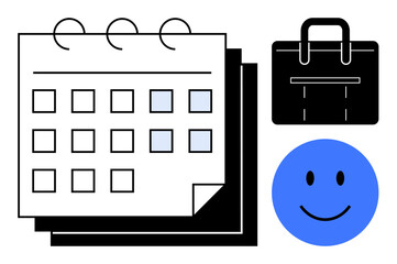 Poster - Calendar with marked dates, briefcase symbolizing work, and blue happy face. Ideal for efficiency, planning, scheduling, time management, work-life balance productivity and teamwork. A simple flat