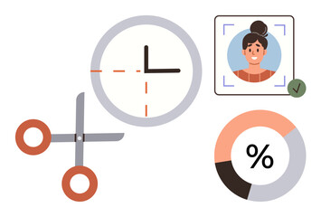 Poster - Scissors, clock, user profile with recognition checkmark, and pie chart. Ideal for time efficiency, teamwork, personalization, task planning productivity analytics creative projects. Simple flat
