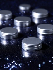 Poster - A collection of silver metallic circles against a starry background. The image has a futuristic feel with its shiny surfaces and cosmic setting. Perfect for modern graphics or tech themes. AI