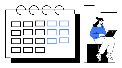 Poster - Calendar with highlighted dates and woman working on a laptop, symbolizing productivity, task management, planning, time organization. Ideal for scheduling, deadlines, teamwork, remote work