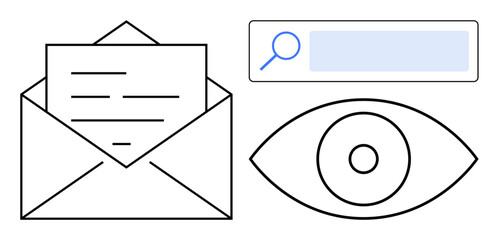 Poster - Envelope with letter, magnifying glass over search bar, and eye icon. Ideal for communication, visibility, email marketing, search optimization, data privacy, accessibility simple landing page
