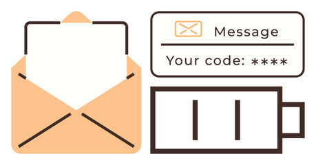Poster - Open envelope with a blank letter, authentication message containing code, and low battery icon. Ideal for email security, authentication, communication, technology, notifications, mobile experience