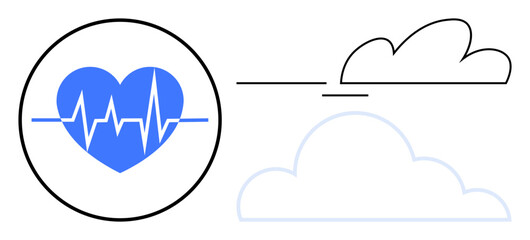 Poster - Heartbeat graph inside blue heart alongside cloud icons representing data storage, connectivity, and digital health services. Ideal for healthcare, telemedicine, data sync, cloud storage, health