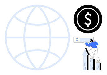 Poster - Transparent globe with global reach, dollar coin for financial success, person standing on arrows analyzing search trends. Ideal for business, internet, finance, success, growth, strategy