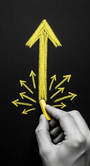 Poster - Yellow chalk arrows on black background, converging into a single upward arrow, symbolizing unified effort, progress, and achievement