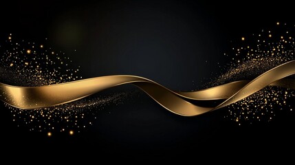Poster - Luxurious Black Background with Golden Ribbons and Glittering Lights for Spectacular Celebrations